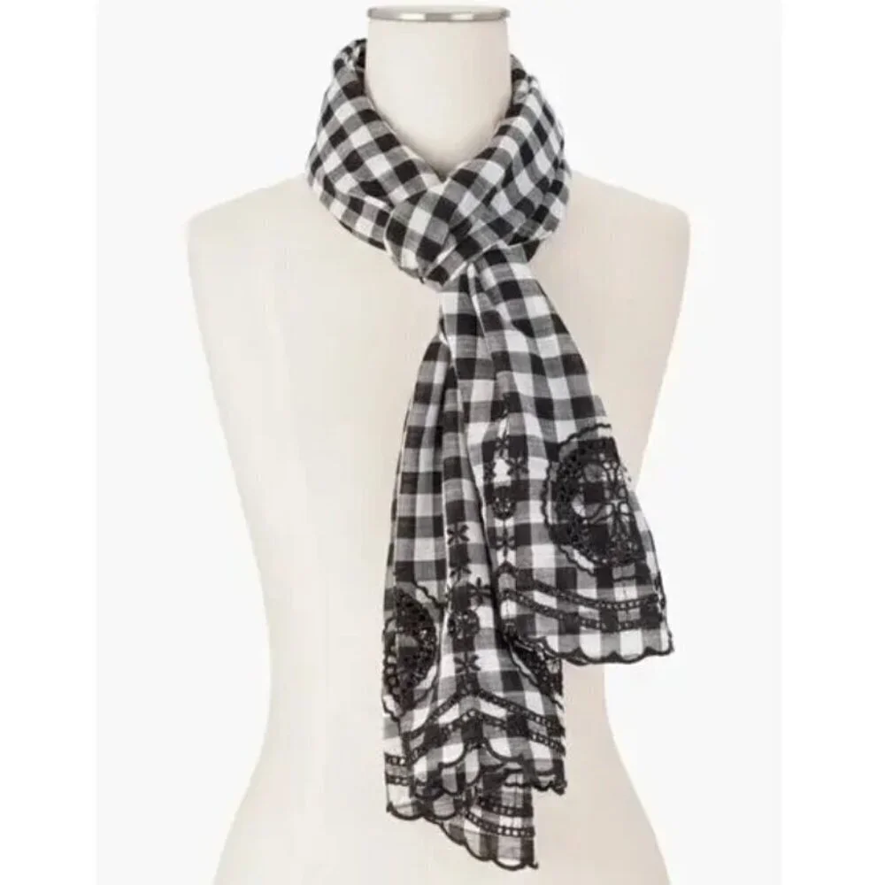 NWT Talbots Black & White Gingham Scarf with Embroidery and Scalloped Edges